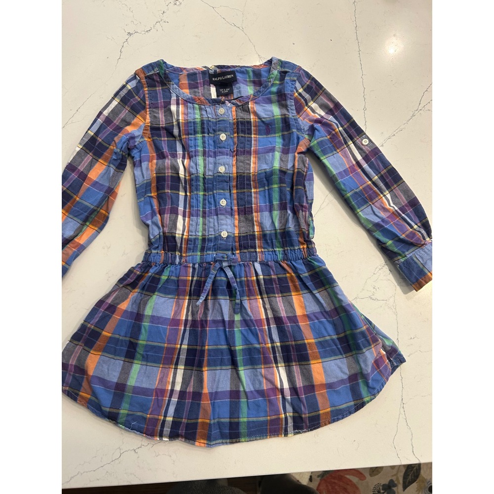 Ralph‎ Lauren Kids Plaid Button Front Dress Blue Orange Green Purple 4t k7142